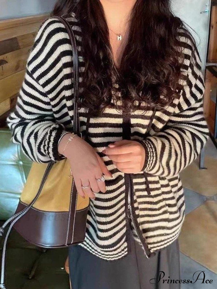 Cozy Striped Hooded Zipper Cardigan