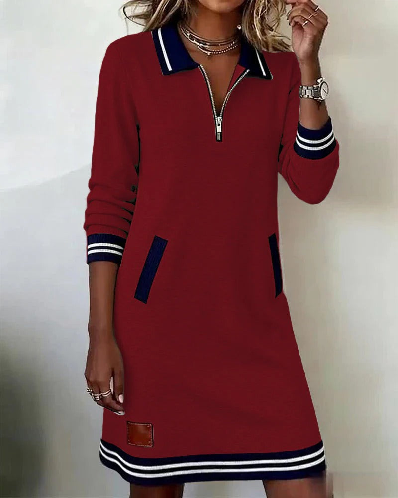 Sporty Knit Dress with Zipper Collar