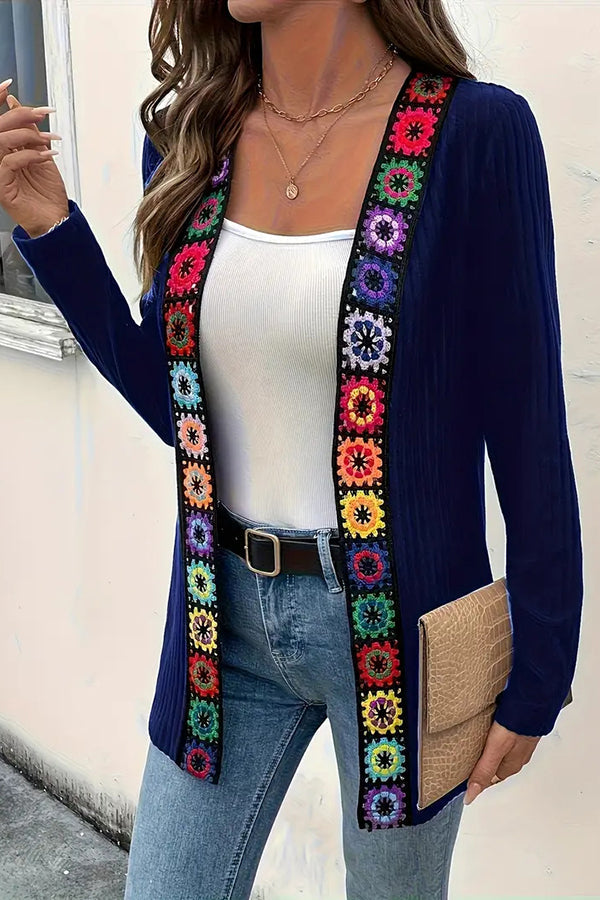 Boho Floral Edge Knit Long Sleeve Cardigan