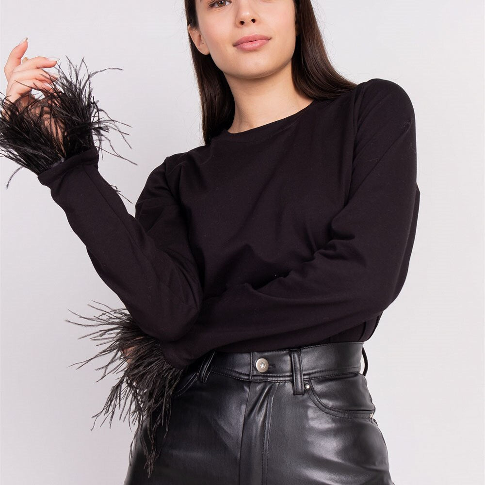 Elegant Feather-Trim Long Sleeve Shirt