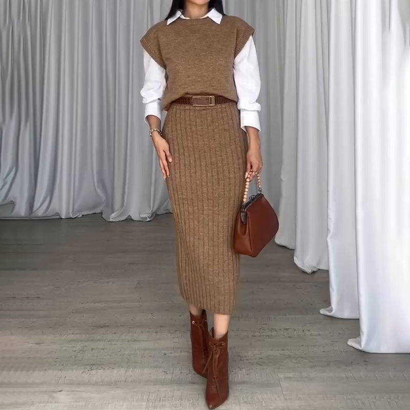 Knit Short Sleeve Sweater & Ribbed Midi Skirt Set