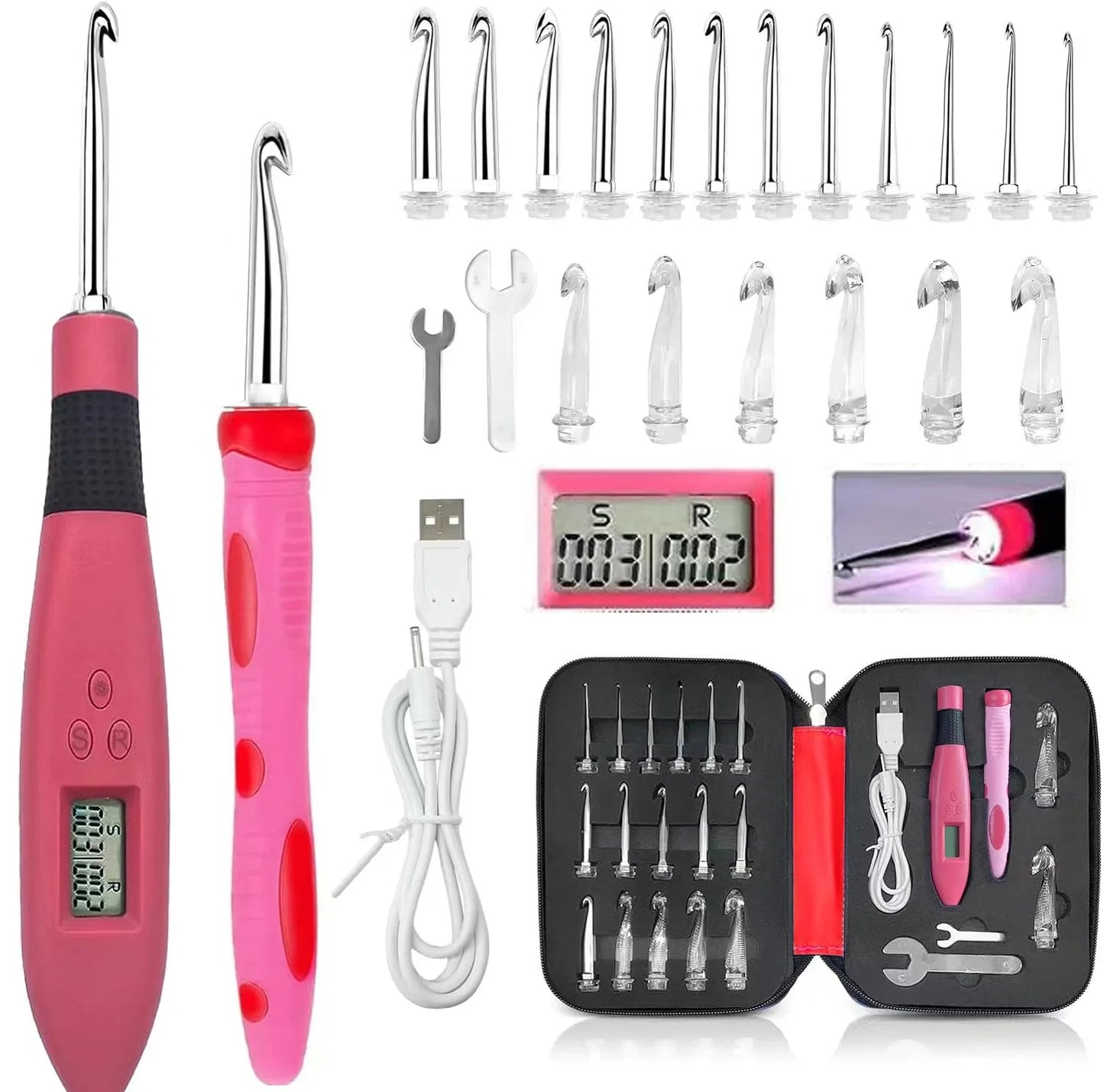 CraftEase™ - Light-Up Interchangeable Crochet Hook Set with 18 Sizes