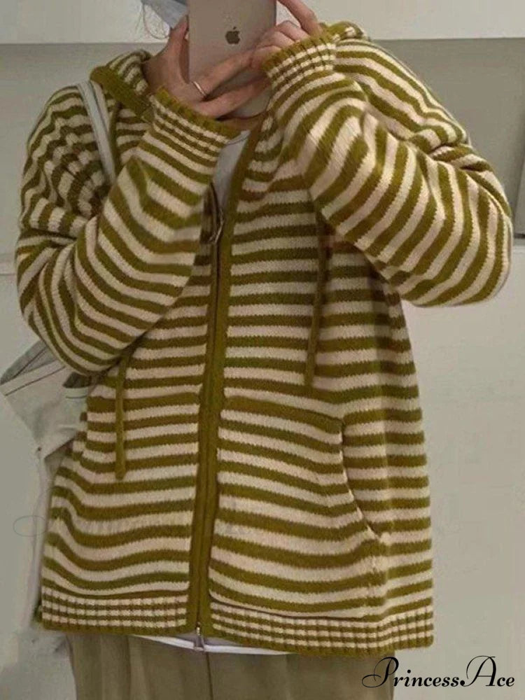 Cozy Striped Hooded Zipper Cardigan