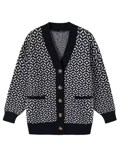 Cozy Geometric Pattern Button-Up Cardigan