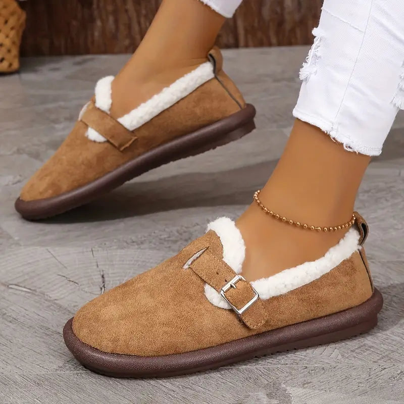 Cozy Fleece-Lined Slip-On Flats with Buckle Strap