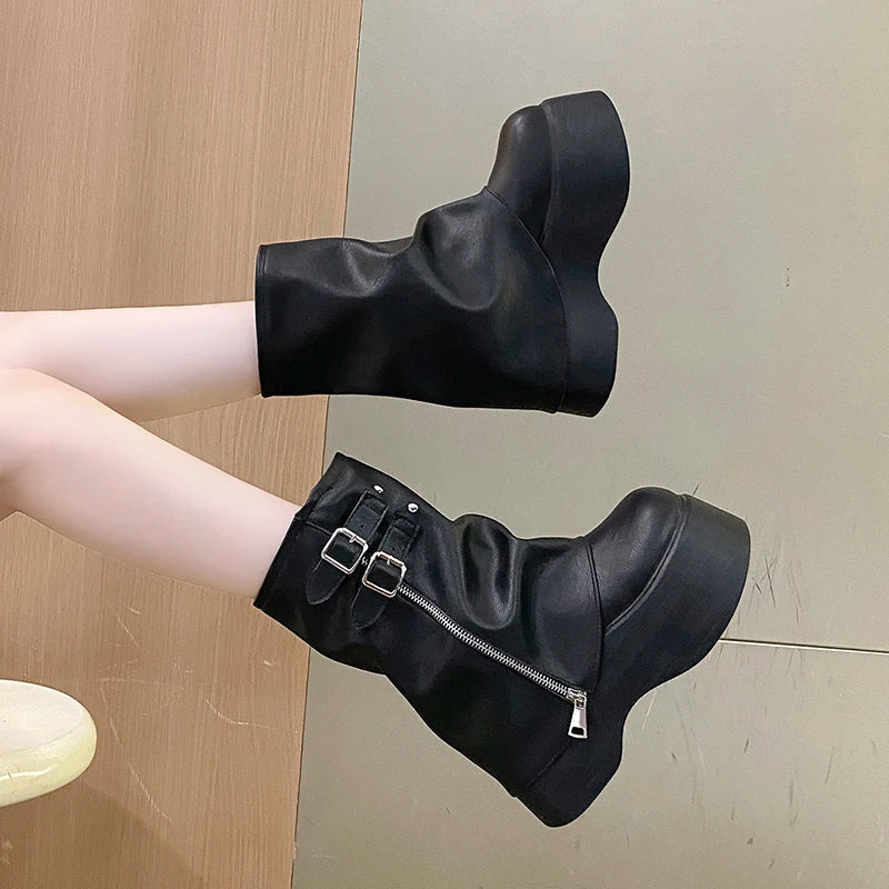 Gothic Platform Buckle Mid Calf Zip Up Boots