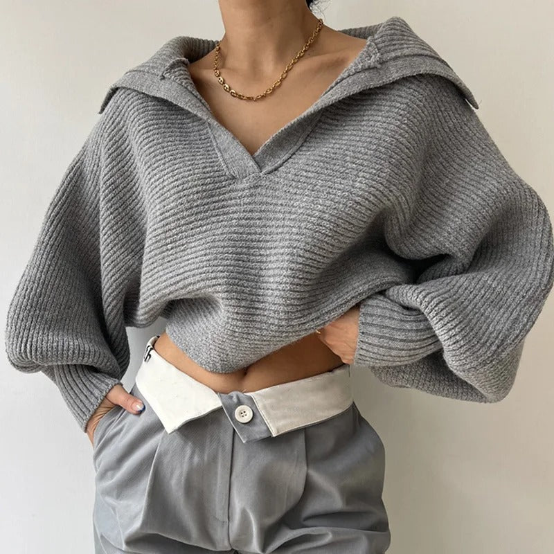 Cozy Lantern Sleeve Open Collar Knit Sweater