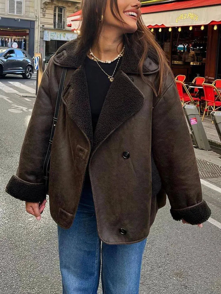 Cozy Oversized Fleece-Lined Jacket with Lapel Collar