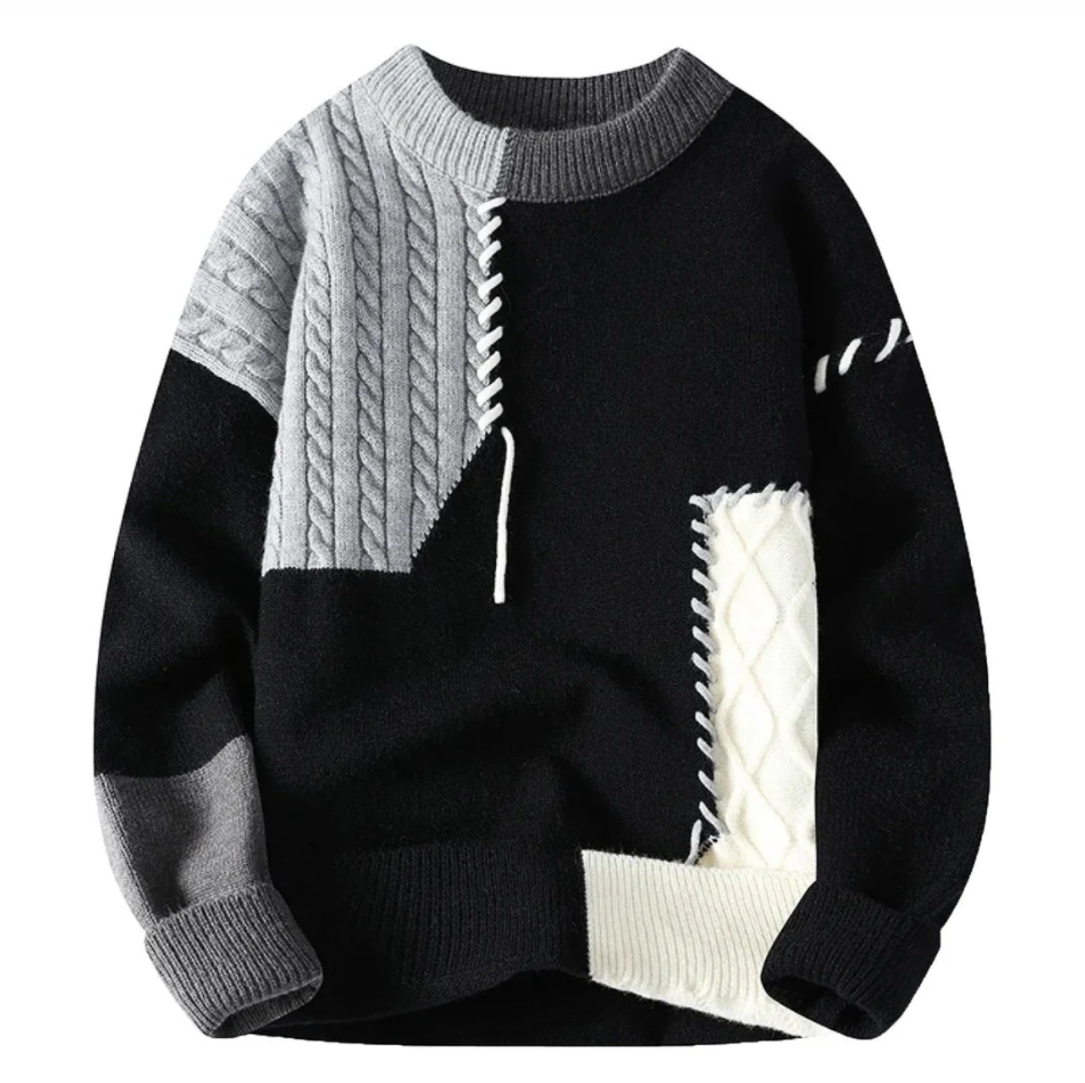 Cozy Men's Chunky Knit Sweater with Patchwork Detail