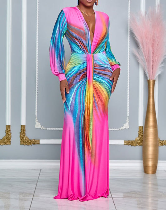 Tie-Dye Pleated V-Neck Maxi Dress