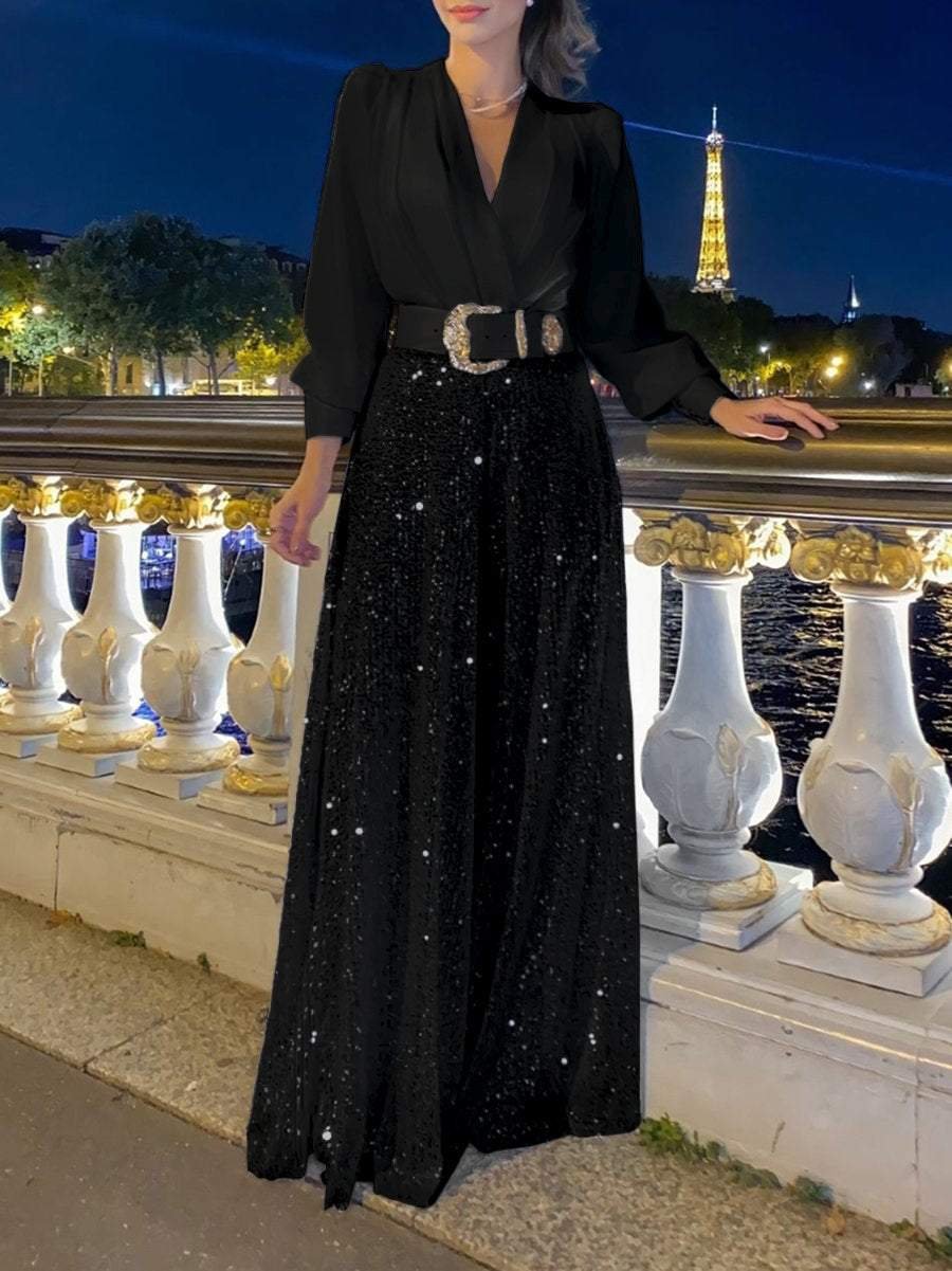 Sequin Wide Leg Pants & V-Neck Shirt Set