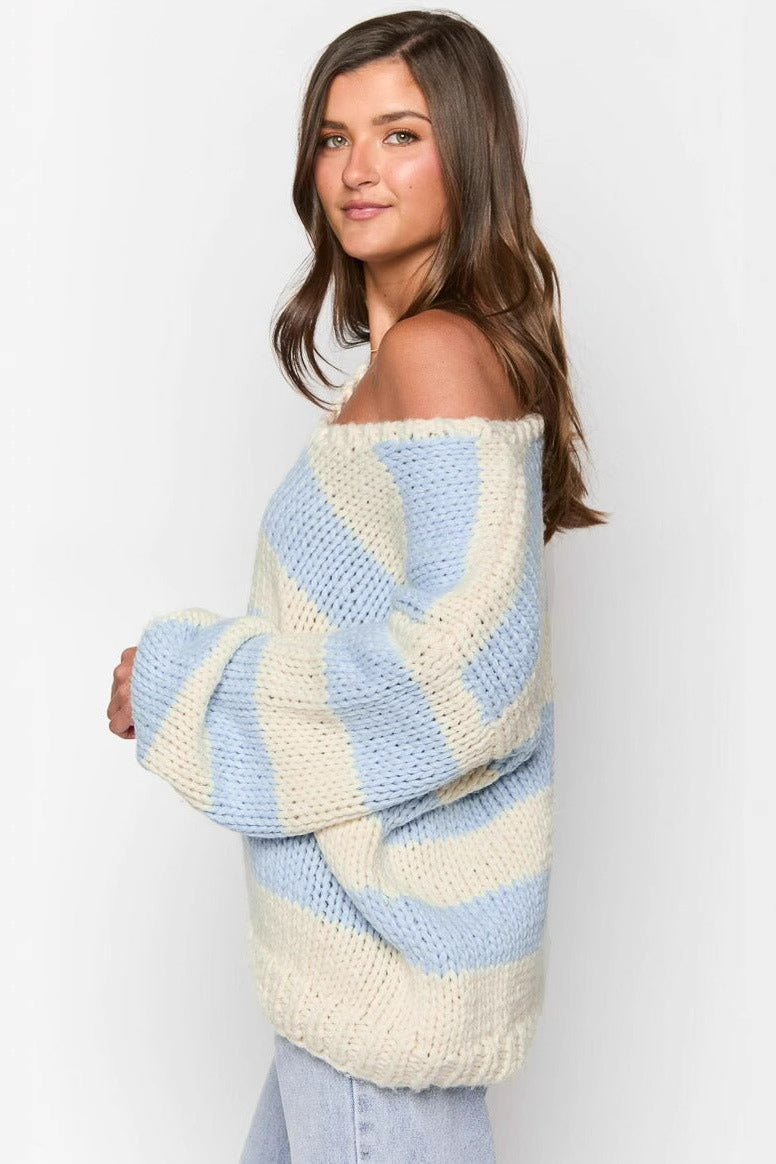 Cozy Off-Shoulder Striped Knit Sweater
