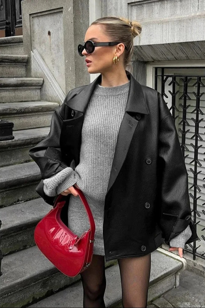 Double Breasted Black Leather Coat with Lapel Collar