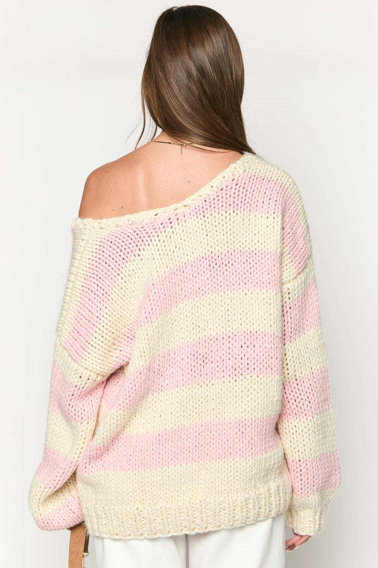 Cozy Off-Shoulder Striped Knit Sweater