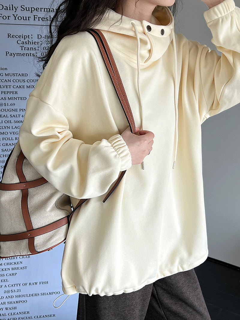 CozyNest™ - Button Detail Half Collar Loose Hoodie