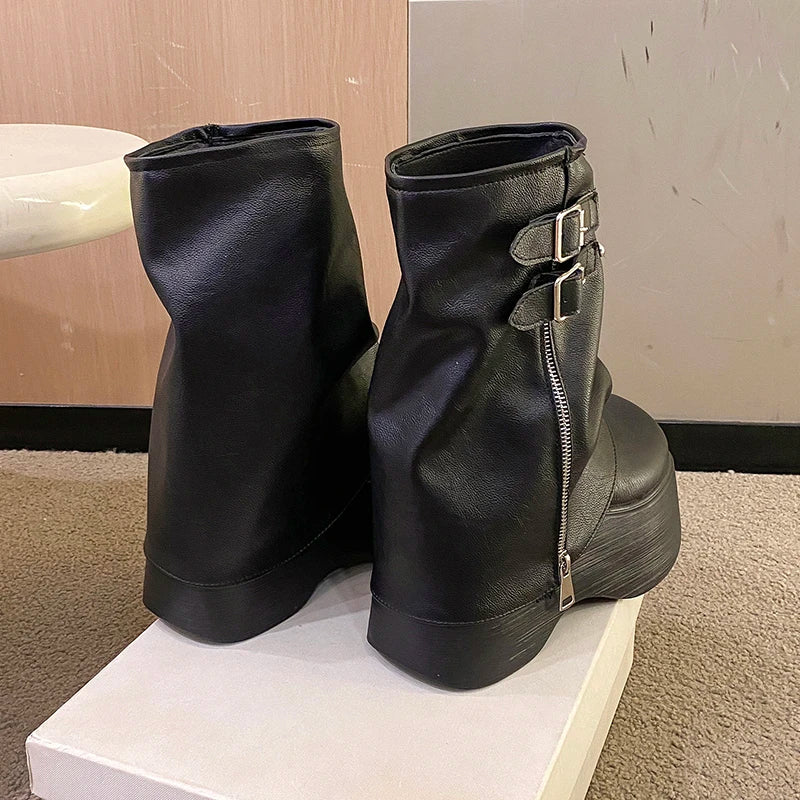 Gothic Platform Buckle Mid Calf Zip Up Boots