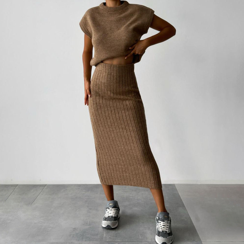 Knit Short Sleeve Sweater & Ribbed Midi Skirt Set