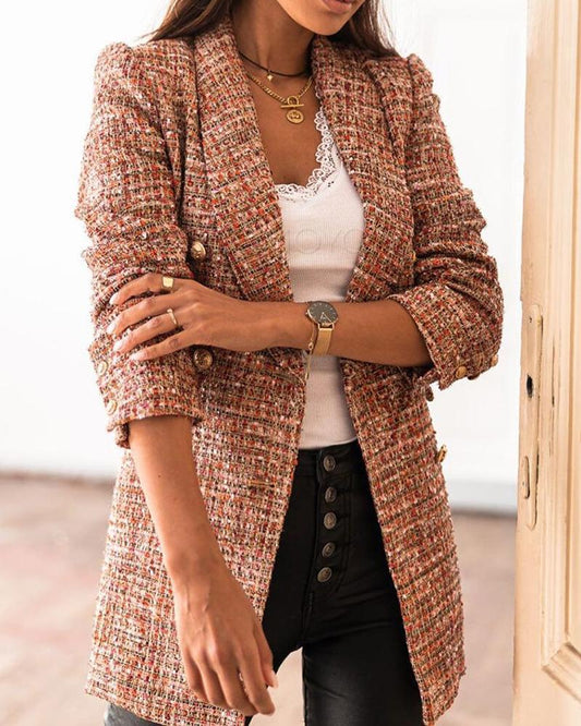 Elegant Long Plaid Tweed Blazer for Chic Layered Looks