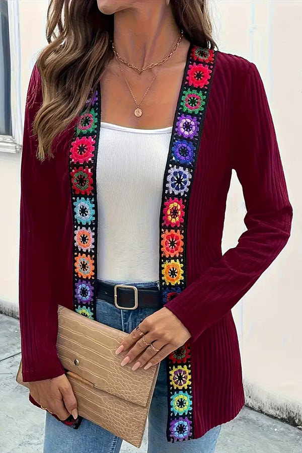 Boho Floral Edge Knit Long Sleeve Cardigan