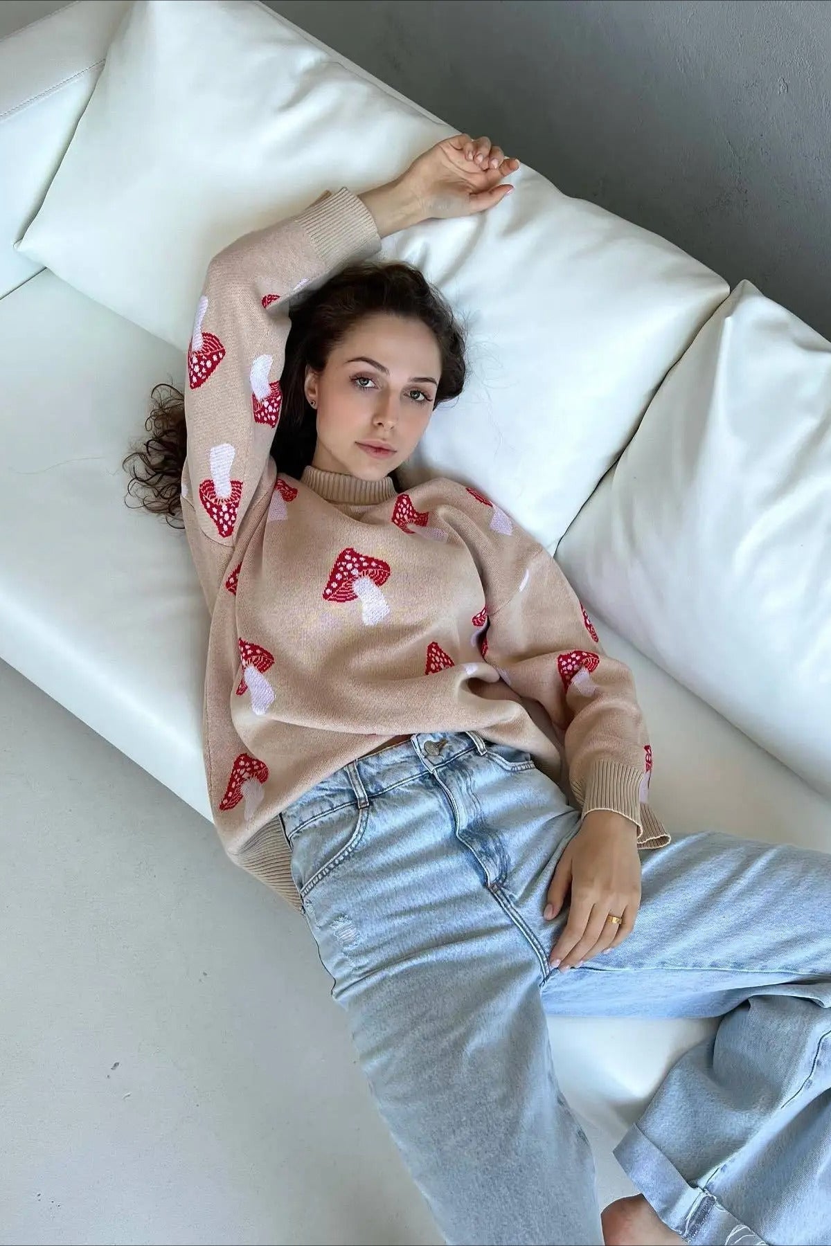 Cozy Mushroom Jacquard Knit Sweater