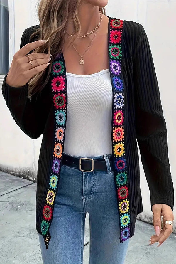 Boho Floral Edge Knit Long Sleeve Cardigan