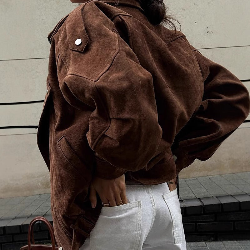 Oversized Suede Look Bomber Jacket with Asymmetric Zipper