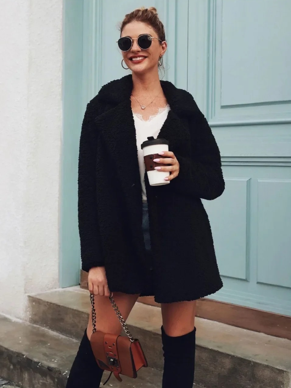 Cozy Teddy Plush Short Coat with Lapel Collar for Women