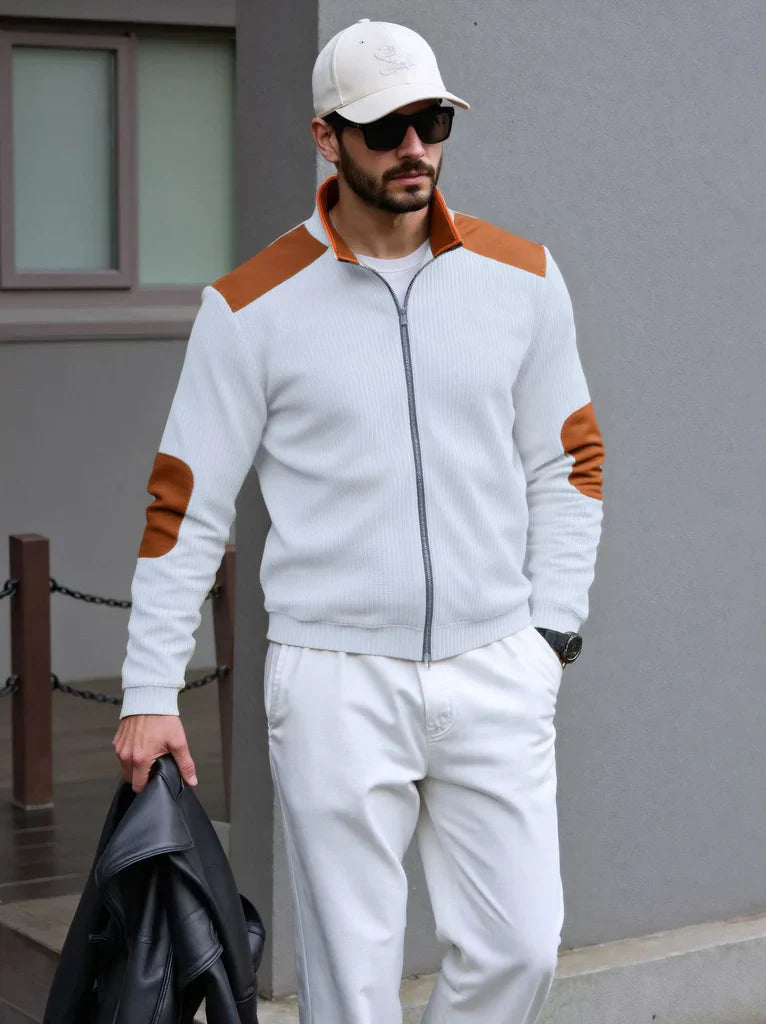 Men’s Zip-Up Knit Cardigan with Shoulder and Elbow Patches