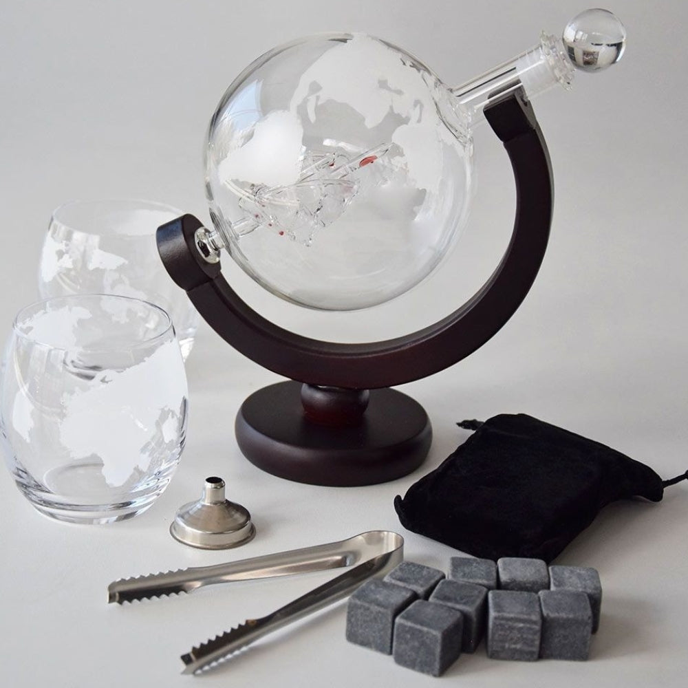 Vintage Globe Whiskey Decanter Set with Elegant Glasses
