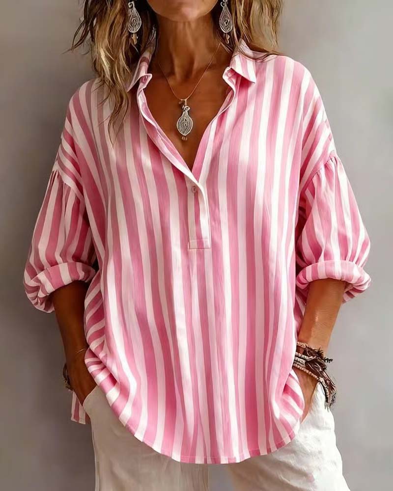 Casual Striped Collared Blouse