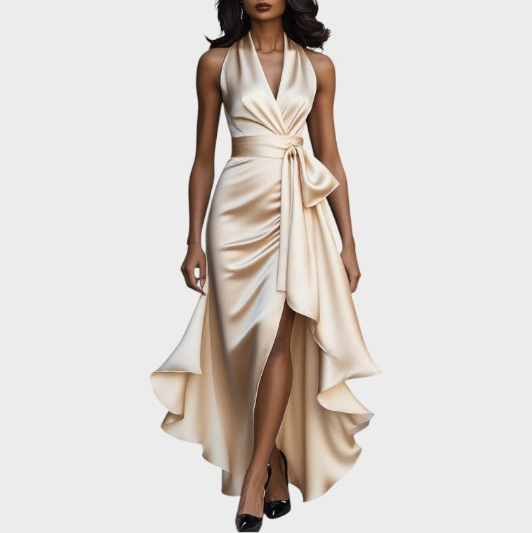 Midnight Satin Halter Neck Dress with Ruffle Detail