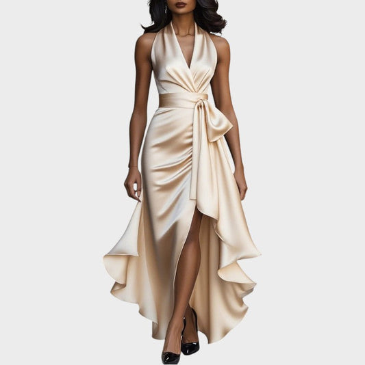 Midnight Satin Halter Neck Dress with Ruffle Detail