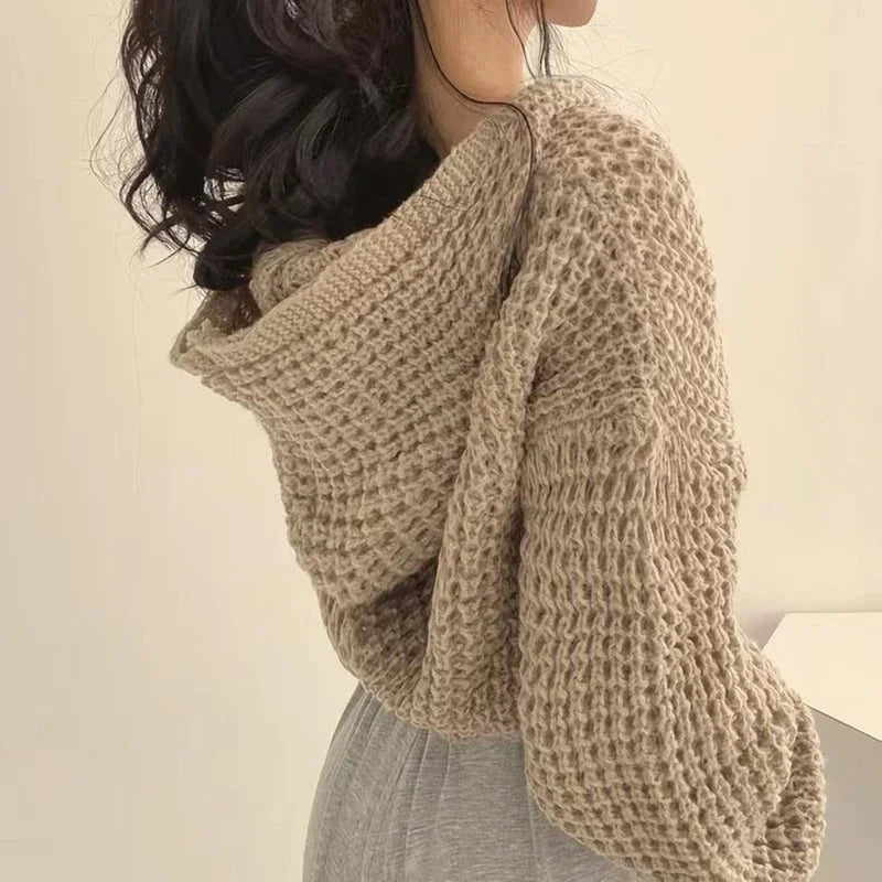 Cropped Hooded Knit Cardigan with Hollow Out Detail