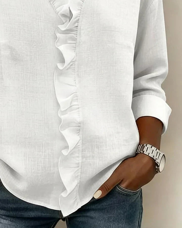 Ruffle V-Neck Blouse with Long Sleeves