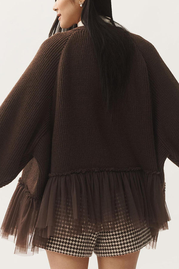 Mesh Ruffle Knit Cardigan with Long Sleeves