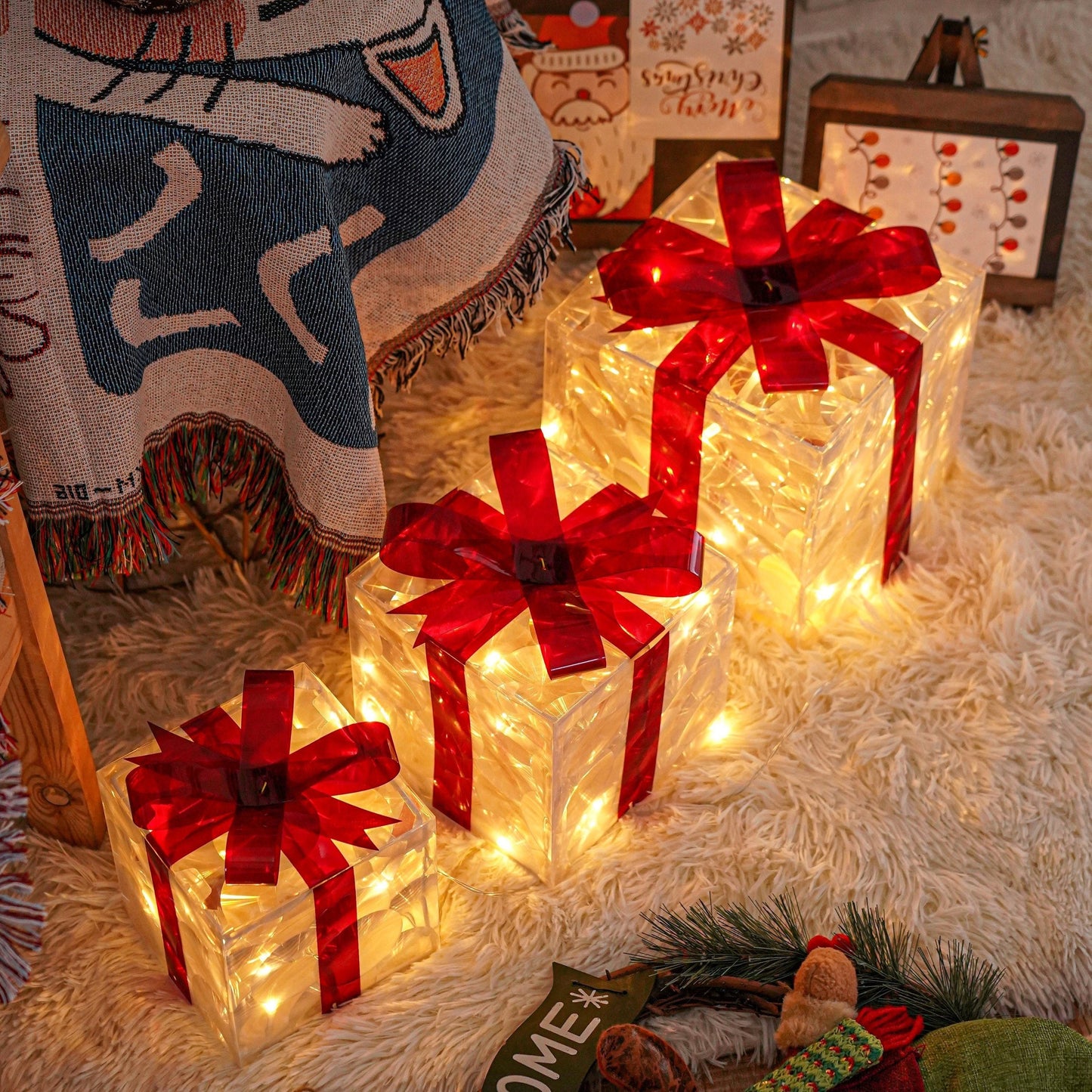 Festive LED Light Gift Boxes Set for Holiday Decor