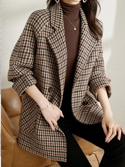 Houndstooth Wide Lapel Blazer with Rolled Sleeves
