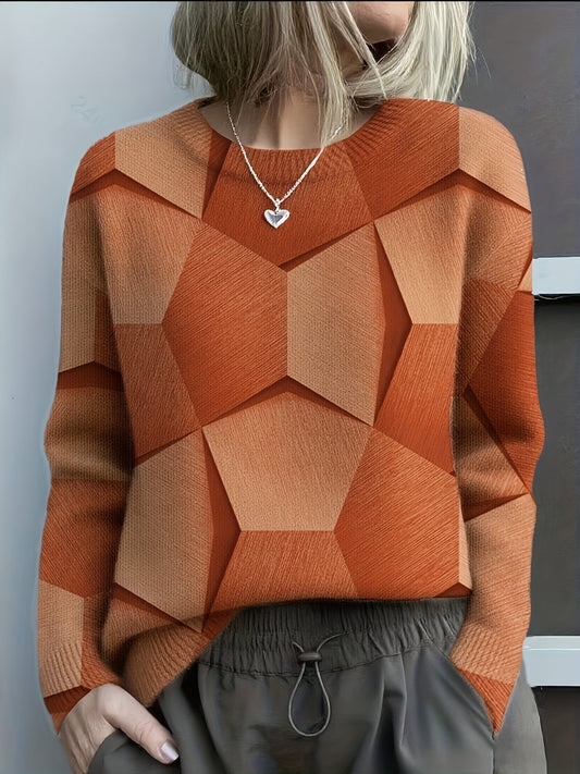 Cozy Knit Sweater with Bold Geometric 3D Prints