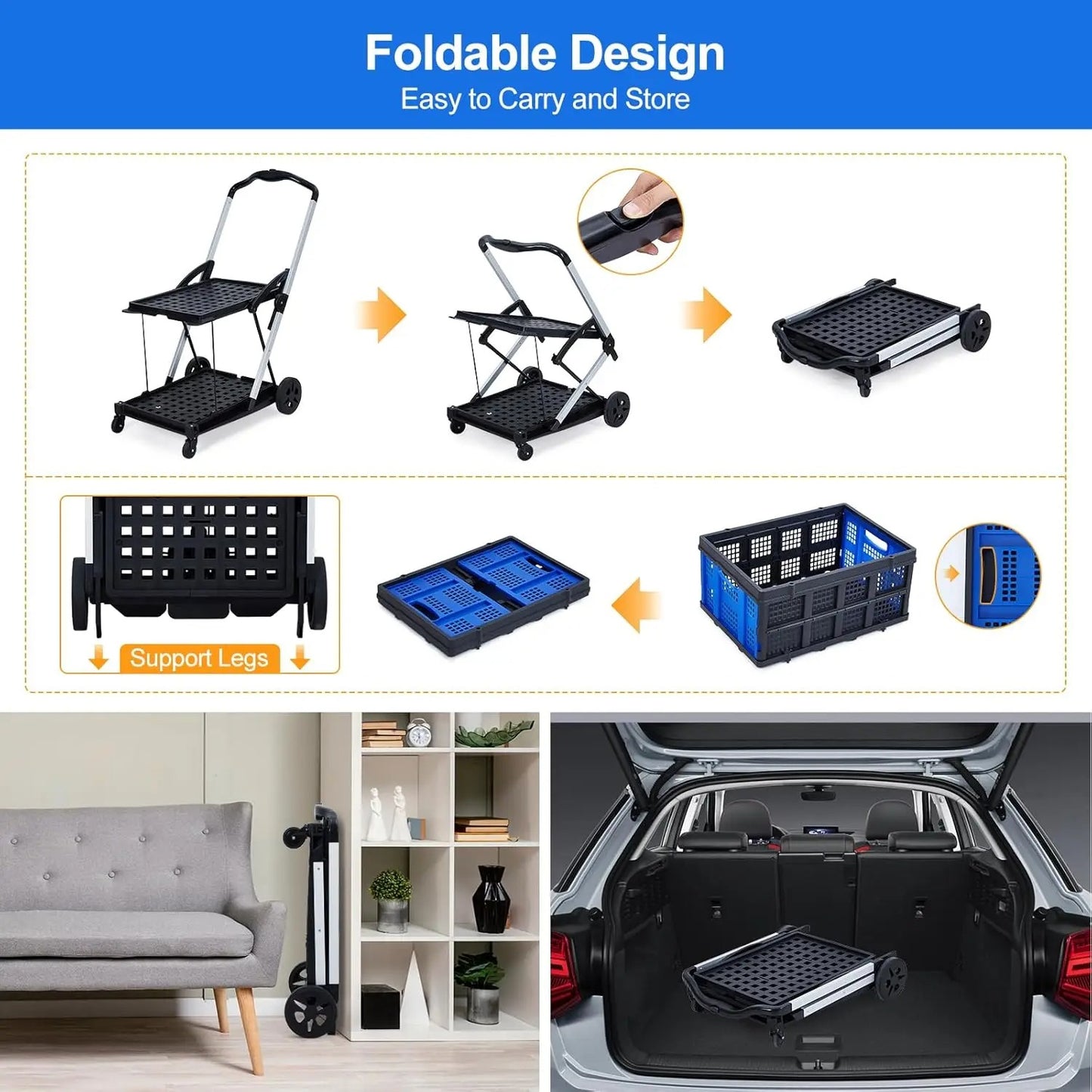 Foldable 2-Tier Rolling Shopping Cart
