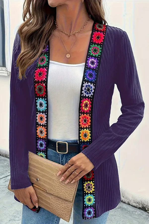 Boho Floral Edge Knit Long Sleeve Cardigan