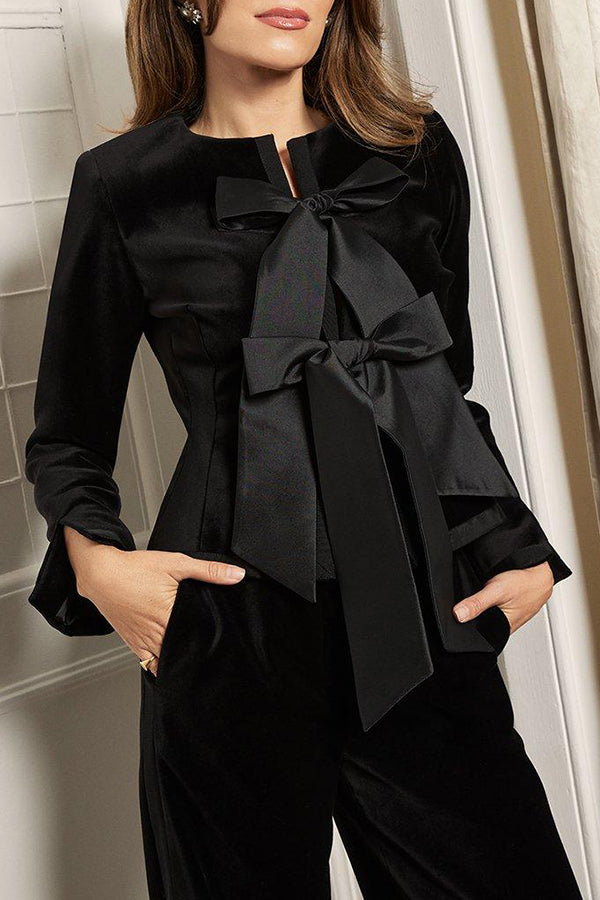 Velvet Bow Detail Peplum Jacket in Tailored Taffeta