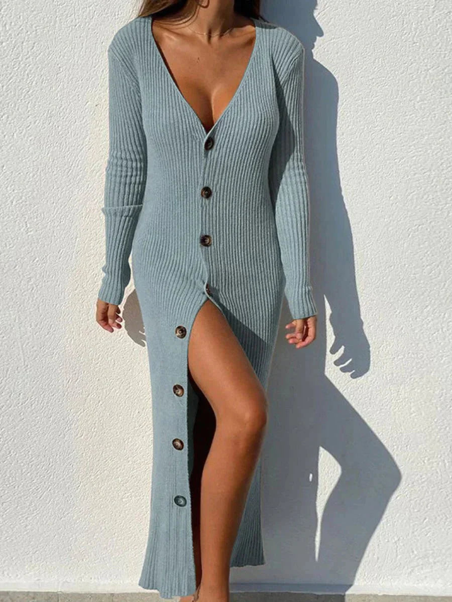 Long Knitted Dress with Plunging Buttoned Neckline