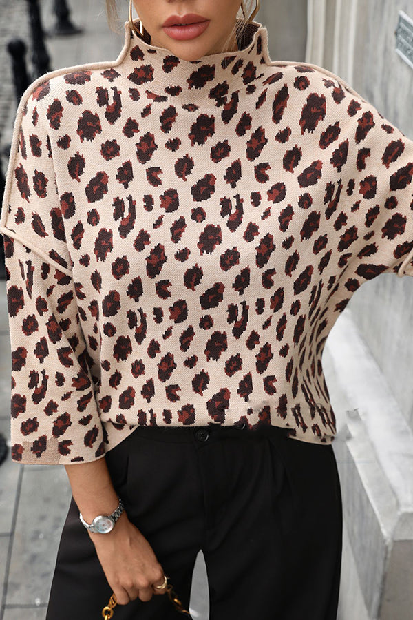 Cozy Leopard Print Knit Sweater with Loose Turtleneck