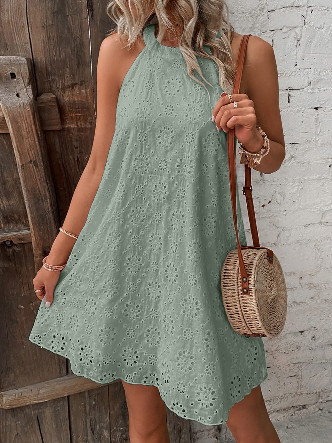 Eyelet Neck Mini Dress