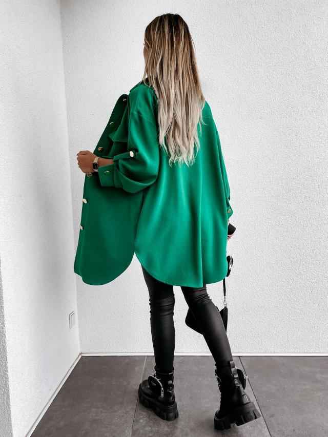 Cozy Long Buttoned Shirt Jacket with Wool Collar and Lapels