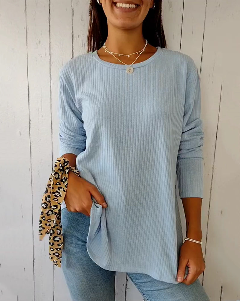 Ribbed Knit Long Sleeve Crew Neck T-Shirt for Women