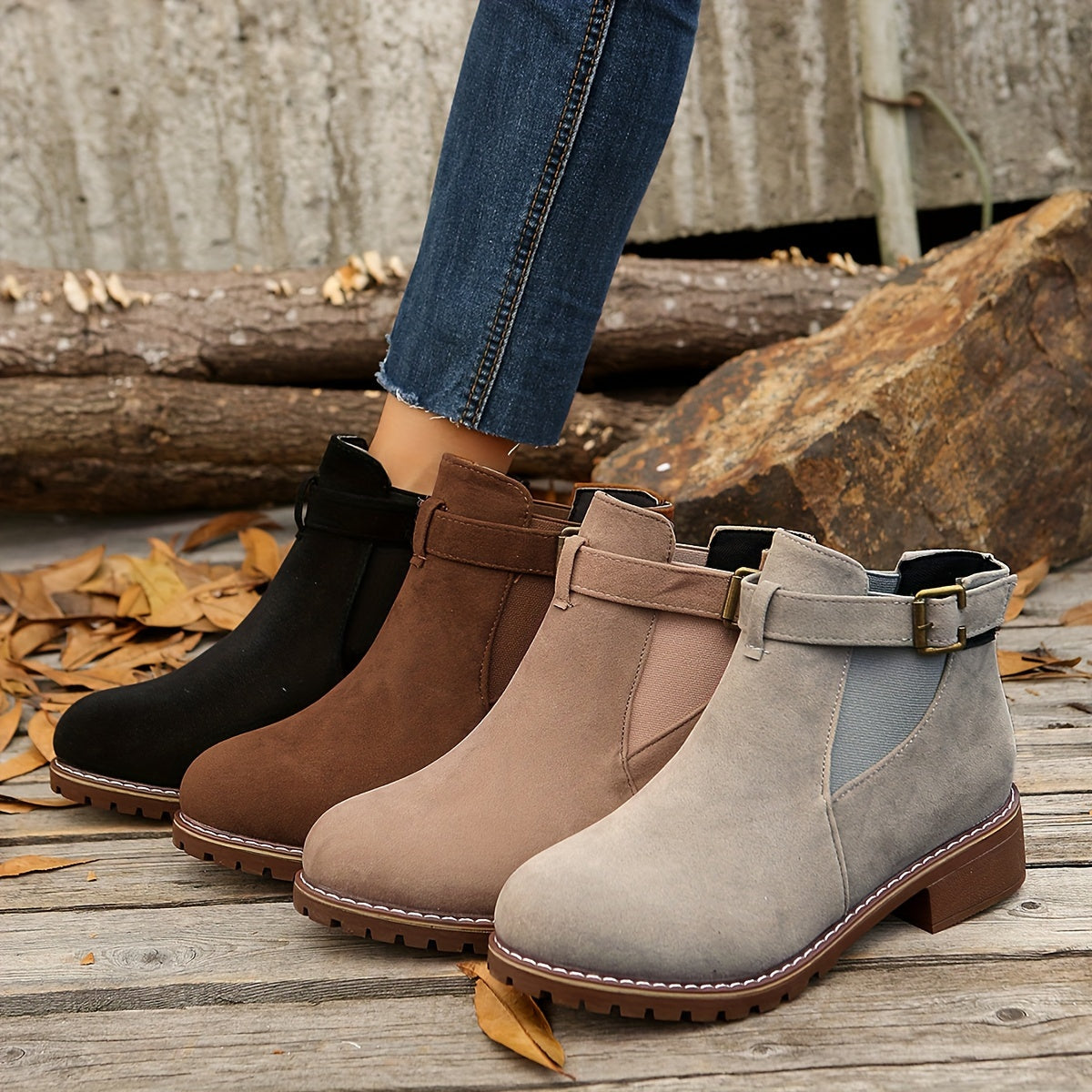 Chic Block Heel Ankle Boots with Buckle Strap and Elastic Sides