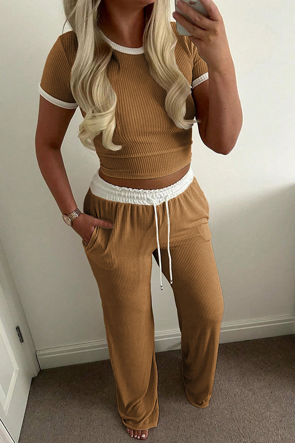 Casual Two-Piece Set with Round Neck Top and Elastic Waist Pants