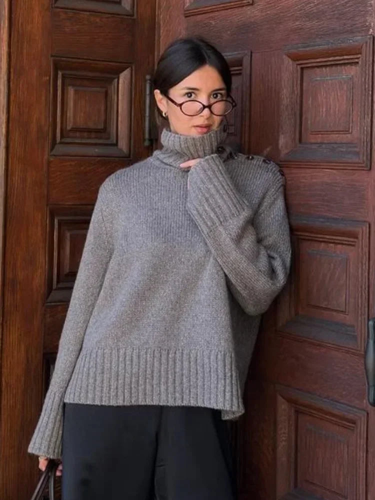 Cozy Button Turtleneck Loose Fit Pullover Sweater