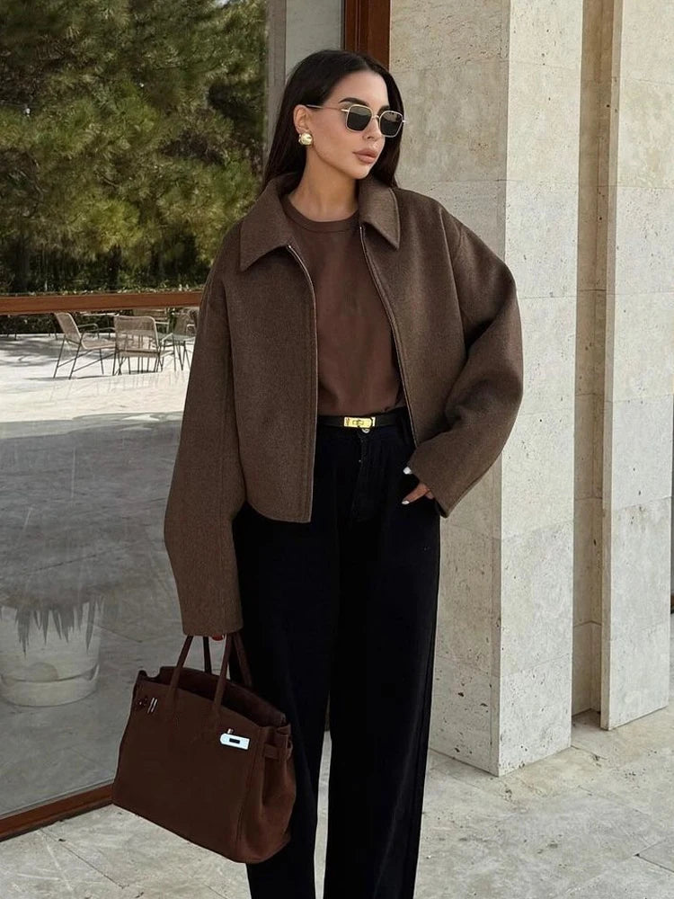 Cozy Brown Woolen Zipper Coat for Fall Layers